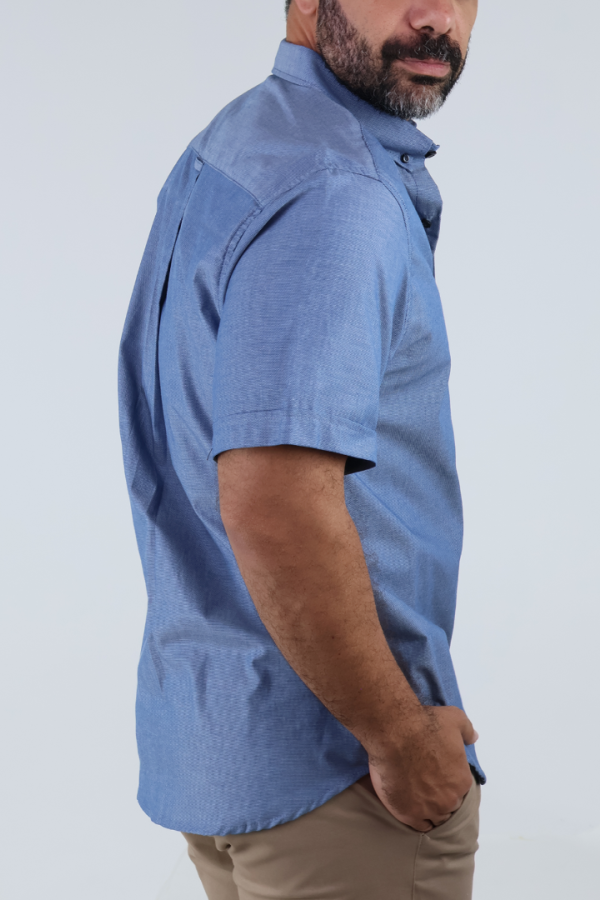 Camisa Formal Manga Corta Azul Jaspe Tela Con Textura para Hombre